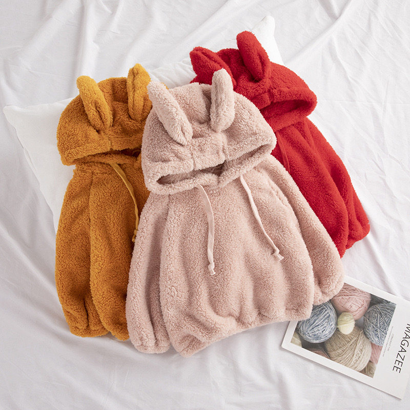 Girls thickened cotton T female baby warm extra thick double-sided lambskin sweater Hairy hooded Foreign cute top Korean