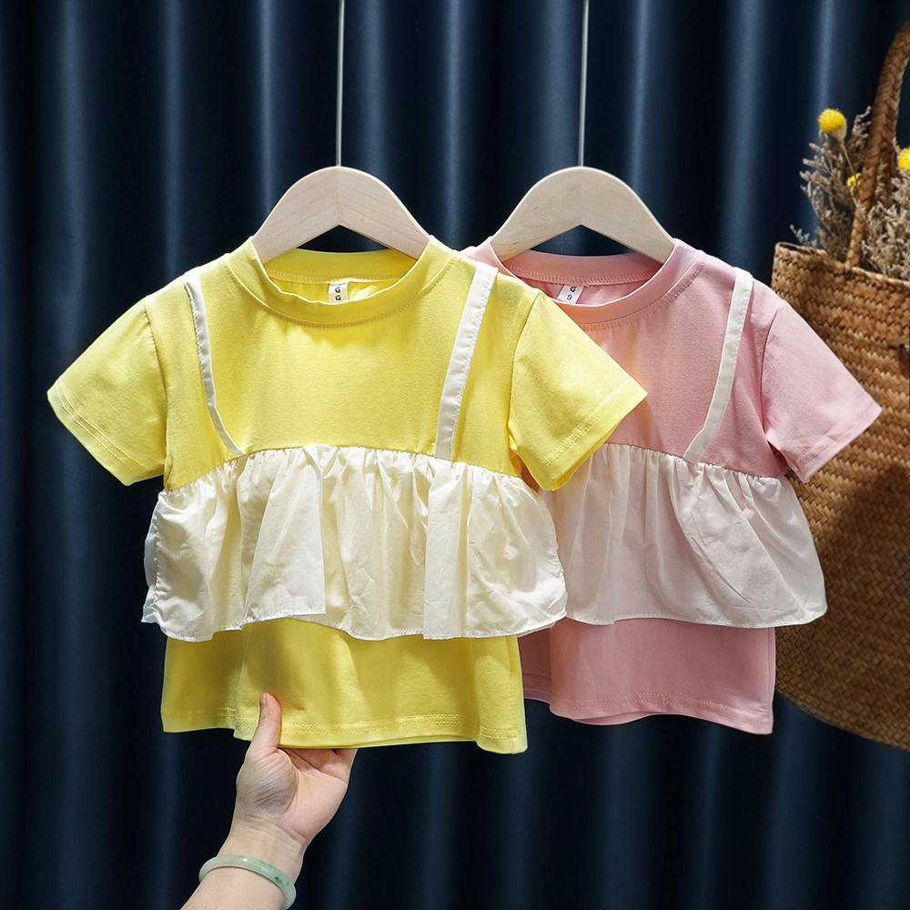 Girls short sleeve T-shirt 2022 summer Korean children's net red foreign fake two-piece coat baby half sleeve summer dress