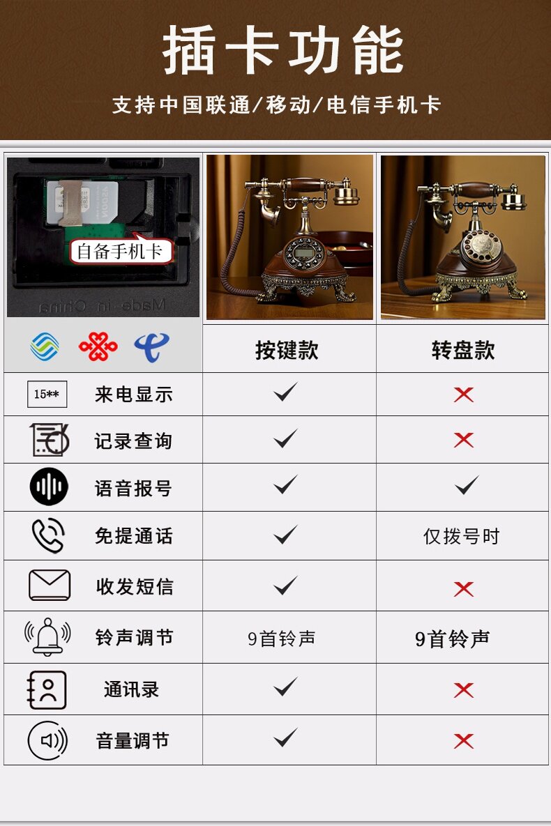 Проводной и DECT-телефон 蒂雅菲欧式实木彷古电话机家用座机覆古时尚创意固定美式古董电话