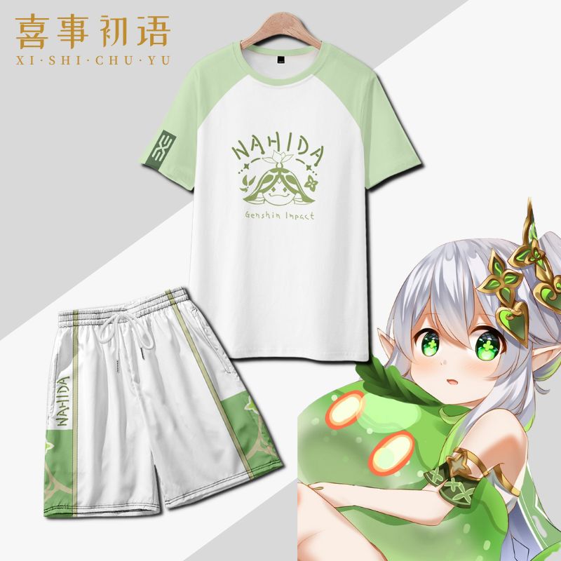 Nayuda T-Shirt Short Sleeve Genshin Impact Xiao Zhongliangcao King Cosplay Derivative Clothing Unisex Anime Haori Summer Shorts