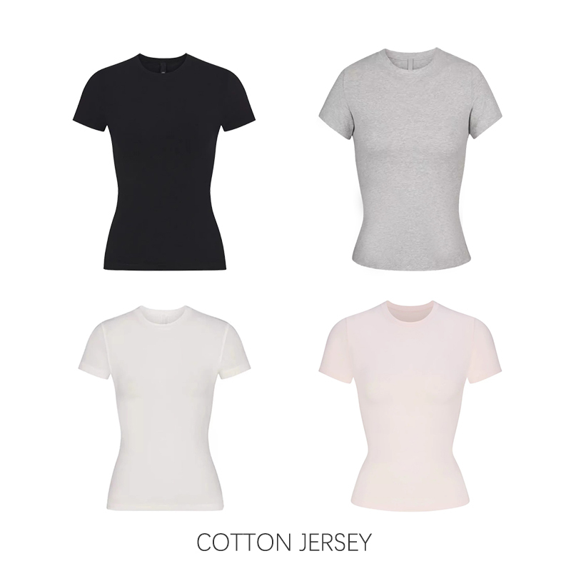 Skims Zhao Lusi and Yi Mengling Same Style Round Neck Pure Cotton Short-Sleeve T-Shirt, Stretchy, Fitted, Regular Shoulder Women's Tee Skims Zhao Lusi and Yi Mengling Same Style Round Neck Pure Cotton Short-Sleeve T-Shirt, Stretchy, Fitted, Regular Shoulder Women's Tee