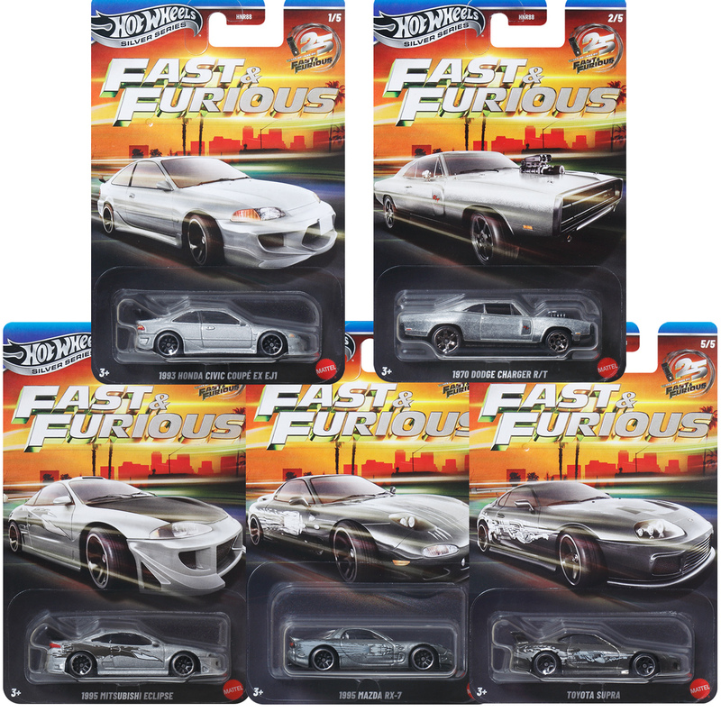 Hot Wheels Fast & Furious 25Th Anniversary Silver Label Mitsubishi Eclipse Toyota Supra Honda Civic Alloy Car Model