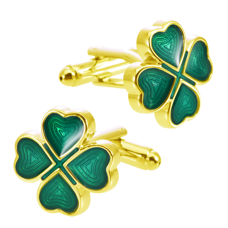 Heart-Shaped Gold-Plated Green Four-Leaf Clover Cufflinks for Men and Women, Suitable for Suits and French Shirts, Lucky New Product, Cross-Border Supply