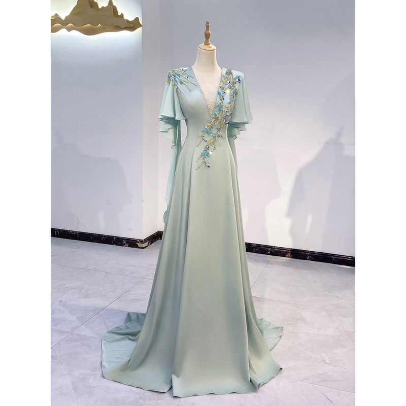 Green Vocal Performance Evening Dress for Women, High-End New Chinese Style Host Long Dress, Guzheng and Pipa Performance Outfit Green Vocal Performance Evening Dress for Women, High-End New Chinese Style Host Long Dress, Guzheng and Pipa Performance Outfit