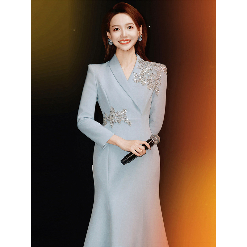 Blue Host Dress, Dignified and Elegant Broadcasting Suit Dress, High-End Feel, Speech Contest Dress, Vocal Performance Exam Dress
