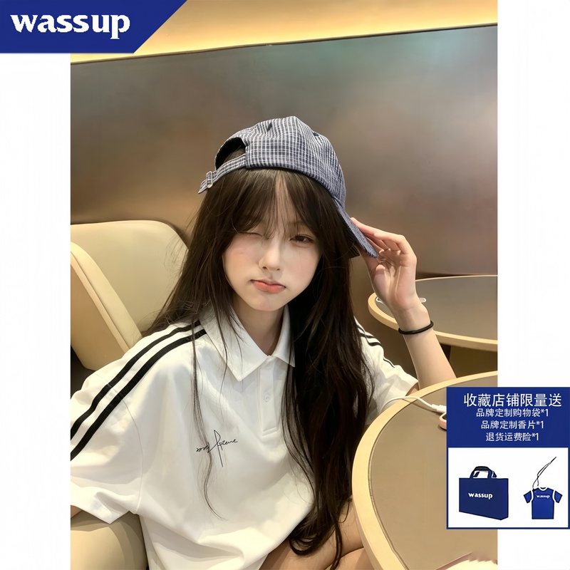 Wassup College Style Three-Stripe Polo Shirt Short-Sleeved T-Shirt for Girls, Junior High School and High School Students, Loose Top