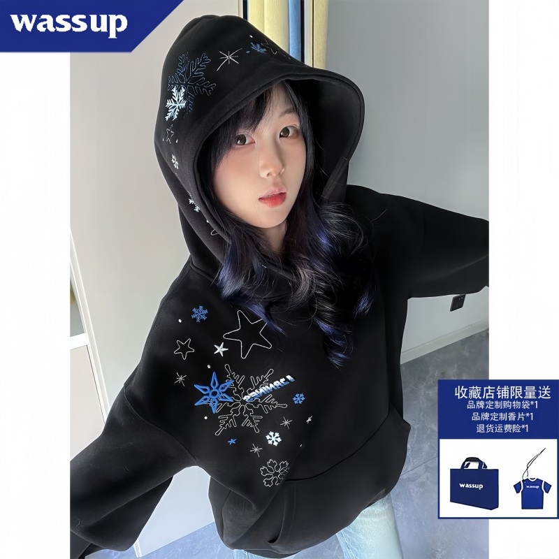 Wassup American High Street Style Snowflake Embroidered Hooded Sweatshirt for Women, Spring and Autumn, Loose Jacket for Older Children, Middle School and High School Students