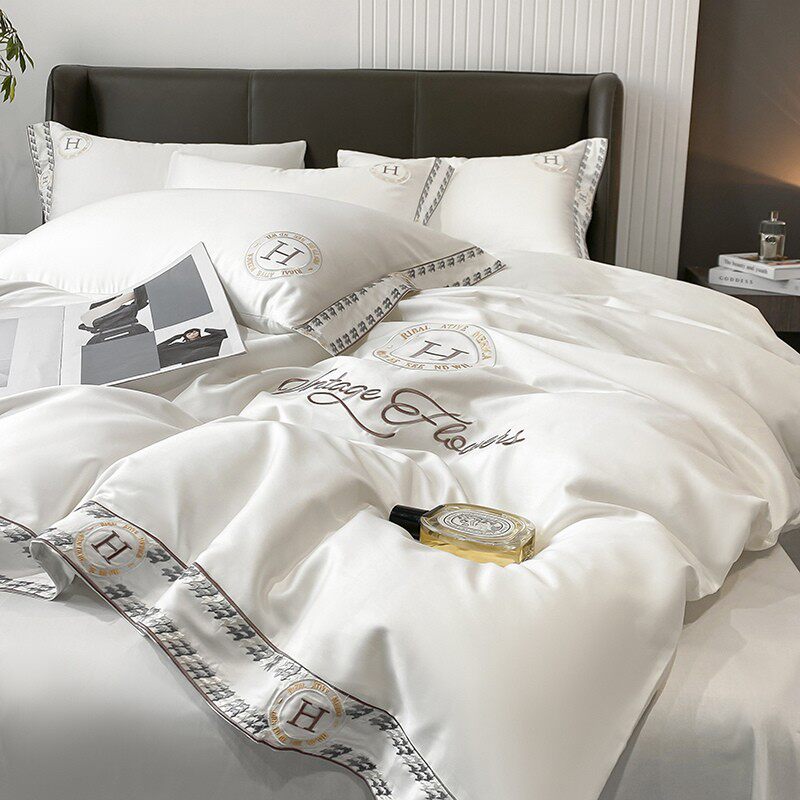 High level senses all cotton long suede cotton four pieces nude sleeping white 100 pure cotton bed with bed cover light lavish bed linen sheet 4-Taobao