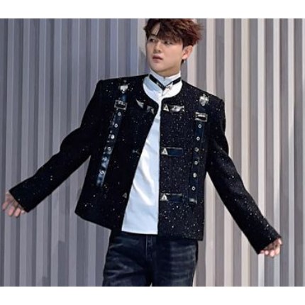 2025 Spring and Autumn Black Chanel-Style Short Jacket for Men Pu Ribbon Patchwork Design Sequin Tweed Jacket 2025 Spring and Autumn Black Chanel-Style Short Jacket for Men Pu Ribbon Patchwork Design Sequin Tweed Jacket