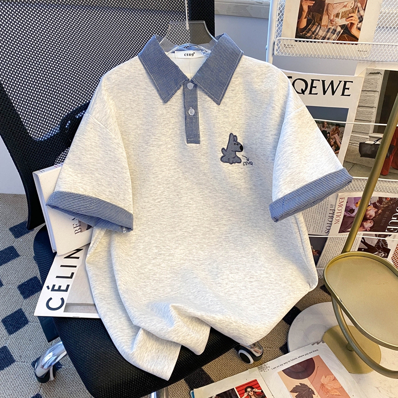 Csvq Original Puppy Patch Embroidered Blue Plaid Polo Collar Color-Blocked Fake Two-Piece Short-Sleeved Women's Summer Preppy Style Top