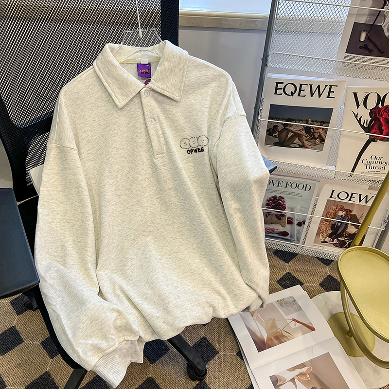 Csvq Milk Fufu Milk Gray Spring and Autumn Terry Cotton Loose Lapel Polo Shirt Long-Sleeved T-Shirt Unisex Sweatshirt for Outerwear Csvq Milk Fufu Milk Gray Spring and Autumn Terry Cotton Loose Lapel Polo Shirt Long-Sleeved T-Shirt Unisex Sweatshirt for Outerwear