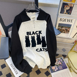 CSVQ cat flocking zipper POLO collar sweatshirt couple lazy style retro color matching raglan sleeve slim top for women