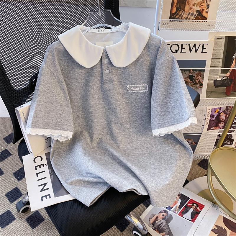 Csvq Original Gray Lace Patchwork Polo Shirt Short-Sleeved T-Shirt for Women with Doll Collar Design, Age-Reducing College Style Top