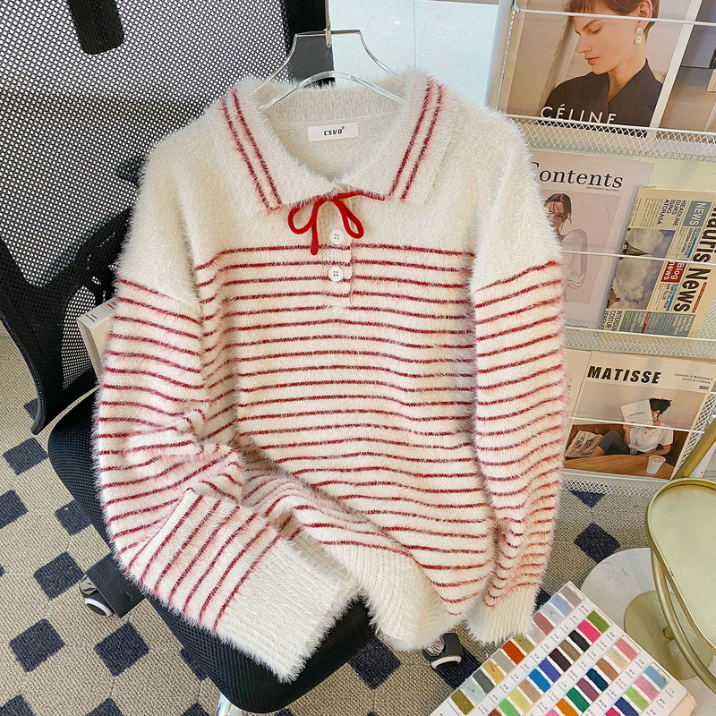 Csvq Korean Style Age-Reducing Cute Bow Tie Lapel Color-Blocked Red Striped Faux Mink Sweater for Women Autumn and Winter Knitted Top Csvq Korean Style Age-Reducing Cute Bow Tie Lapel Color-Blocked Red Striped Faux Mink Sweater for Women Autumn and Winter Knitted Top