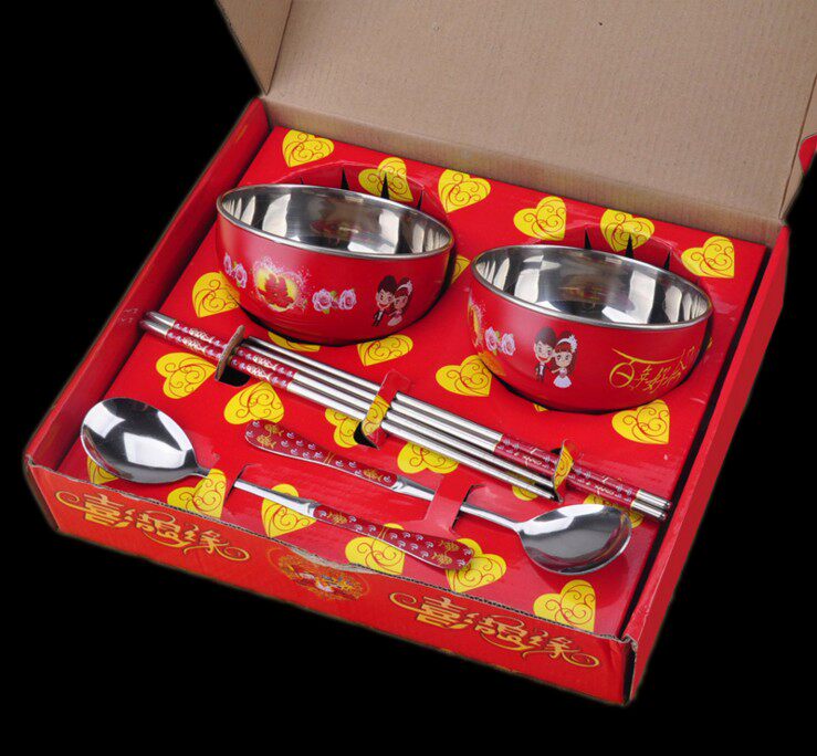 Wedding Celebration Ceramic Dragon Phoenix Bowl Festive Red Bowl Happy Cup Happy Chopsticks Stainless Steel Suit Wedding Gift Bowls Chopsticks Lovers