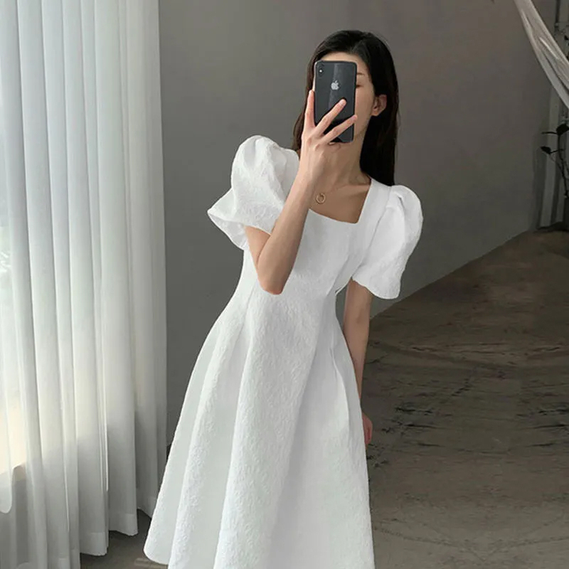 French-Style Black Dress for Women 2023 Summer Niche Hepburn Style Petite Slimming Elegant White Puff Sleeve Long Dress French-Style Black Dress for Women 2023 Summer Niche Hepburn Style Petite Slimming Elegant White Puff Sleeve Long Dress