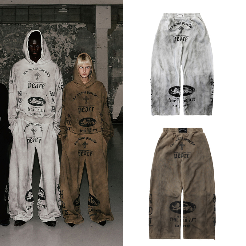 Korean Badblood American Retro Distressed Wasteland Style Letter Print Sweatpants Street Casual Loose Wide-Leg Pants Korean Badblood American Retro Distressed Wasteland Style Letter Print Sweatpants Street Casual Loose Wide-Leg Pants