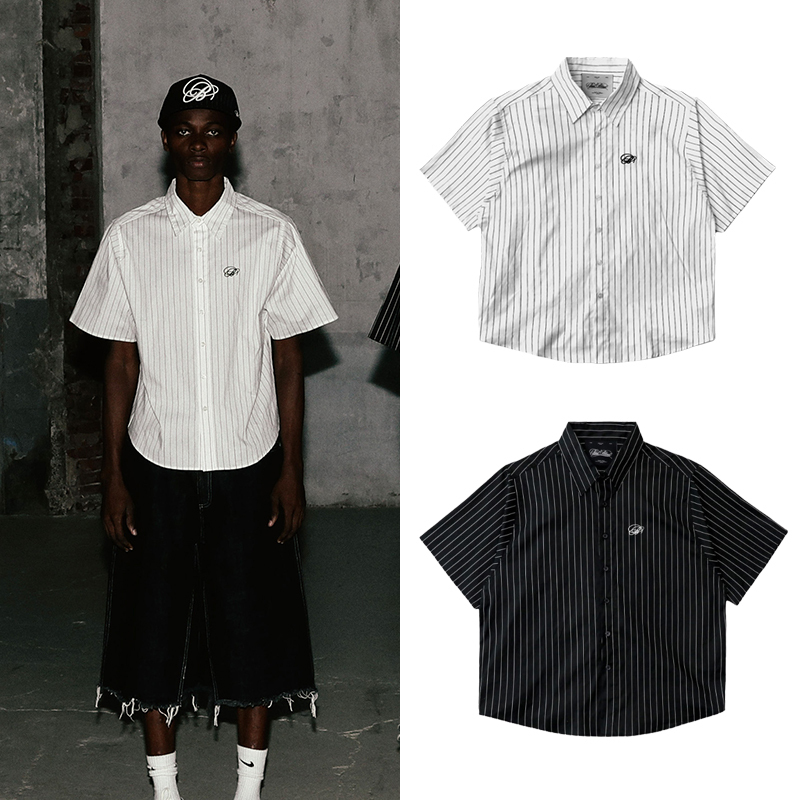 Korean Badblood American Retro Short-Sleeved Shirt Casual College Style Loose Striped Shirt Age-Reducing Top Trendy