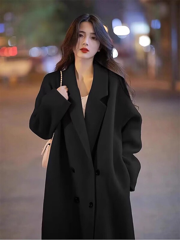 Tall Women's Plus-Size Spring and Autumn Student College Woolen Coat, Extra-Long Version Reaching the Ankles