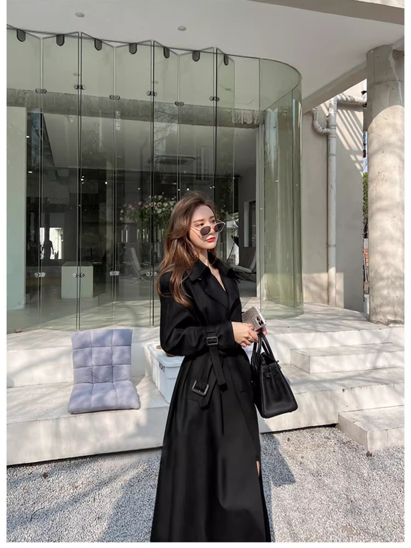 Tall Women's Black Loose-Fitting Plus-Size Extended Length Ankle-Length British Style Trench Coat for Spring and Autumn, Extra-Long Coat
