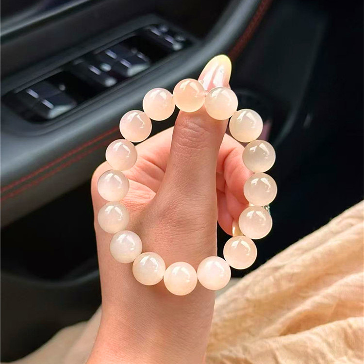 Fine Jade Natural Hetian Jade Ice Material Lotus Root Powder Round Bead Bracelet Women's Jade Ice Material Water-Clear Bracelet