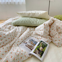 Cat pure cotton four pieces of yellow green plaid yellow green plaid flowers INS Wind with small fresh bed Bed Bamboo