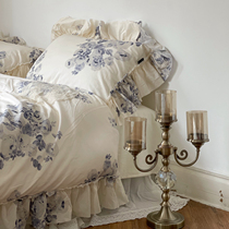 Morandi grey blue watercolor flower oil painting French style four pieces of fine combed full cotton bed Skirt Style Palace Windy