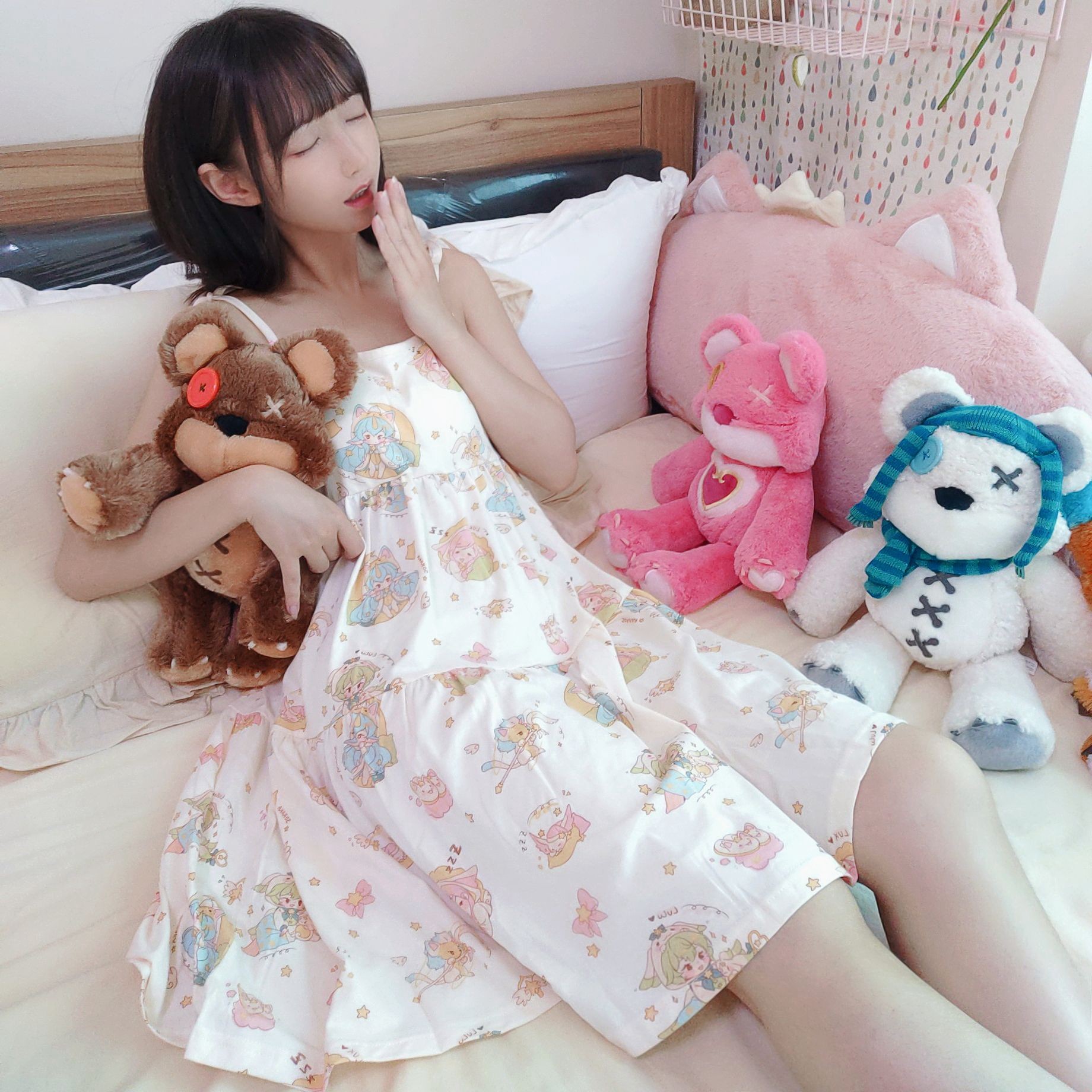 Pajama Guardian-Cotton Sweet Short Sleeve Shorts Homewear LOL Cute Print Summer Pajama Dress