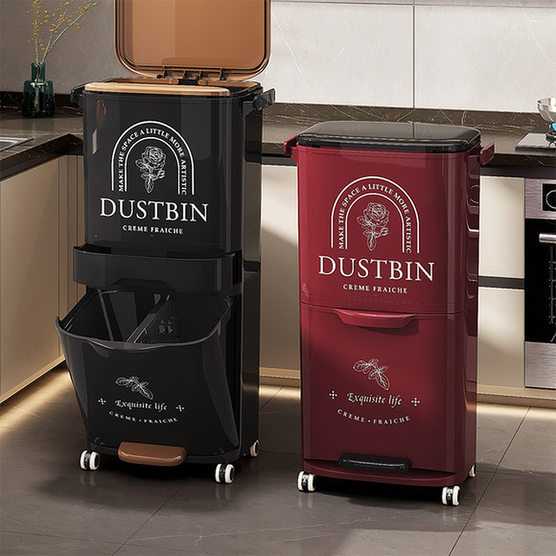 Large Capacity Kitchen Trash Can for Home Use, Tall Model, No Need to Bend Over, Dedicated for Kitchen Waste, with Dry and Wet Separation, with Wheels, Movable