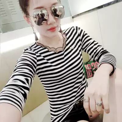 Striped T-shirt Women Long Sleeve Slim Top T-shirt 2019 New Early Autumn Lace Splice Thin base shirt Tide