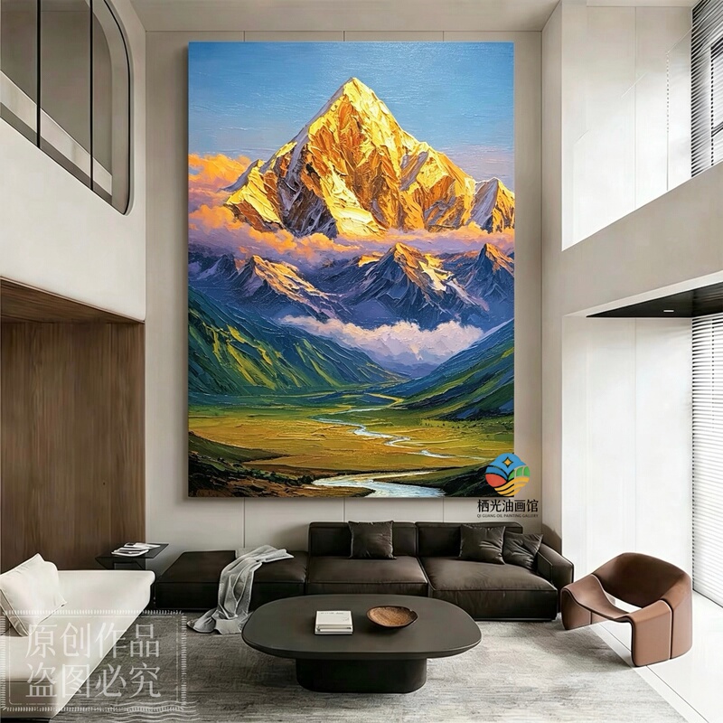 Original Hand-Painted Oil Painting of the Golden Mountain in Rizhao, Vertical Texture Art Wall Art for Living Room Entrance Decoration