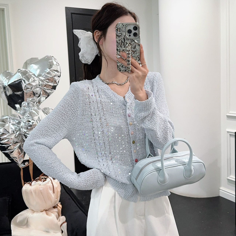 Spring Outfit 2026: High-End, Light Luxury, Sequined Knit Cardigan for Petite Women, Thin Sweater Jacket, Beautiful Top