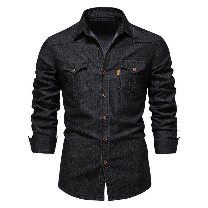 Men's Casual Solid Color Double Pocket Long-Sleeve Denim Shirt for Foreign Trade and Cross-Border Sales. Men's Casual Solid Color Double Pocket Long-Sleeve Denim Shirt for Foreign Trade and Cross-Border Sales.