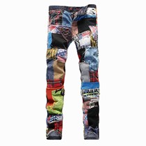 Straight slim jeans broken hole European and American style colorful cloth stitching washed denim trousers men men men jeans