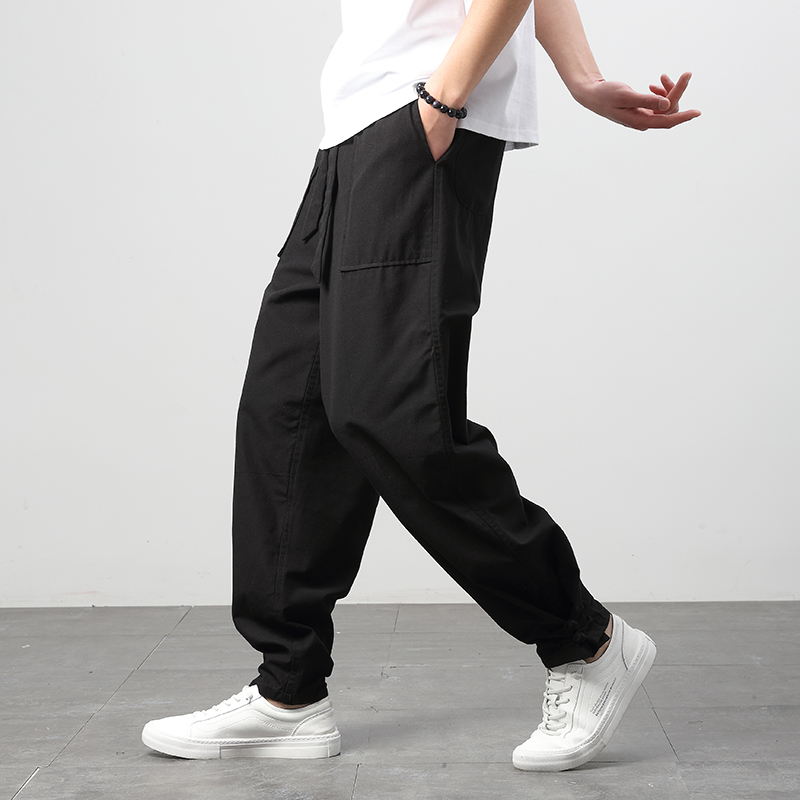 Pure cotton old coarse cloth Tang suit trousers men's spring and autumn Chinese style handmade Chinese style exercise clothes casual pants unicorn Ruyi pants