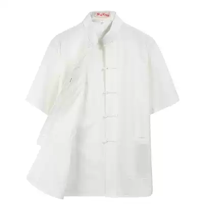 Tang suit young men, middle-aged and elderly summer short-sleeved top, old rough cloth, cotton shirt, thin Chinese stand-up collar