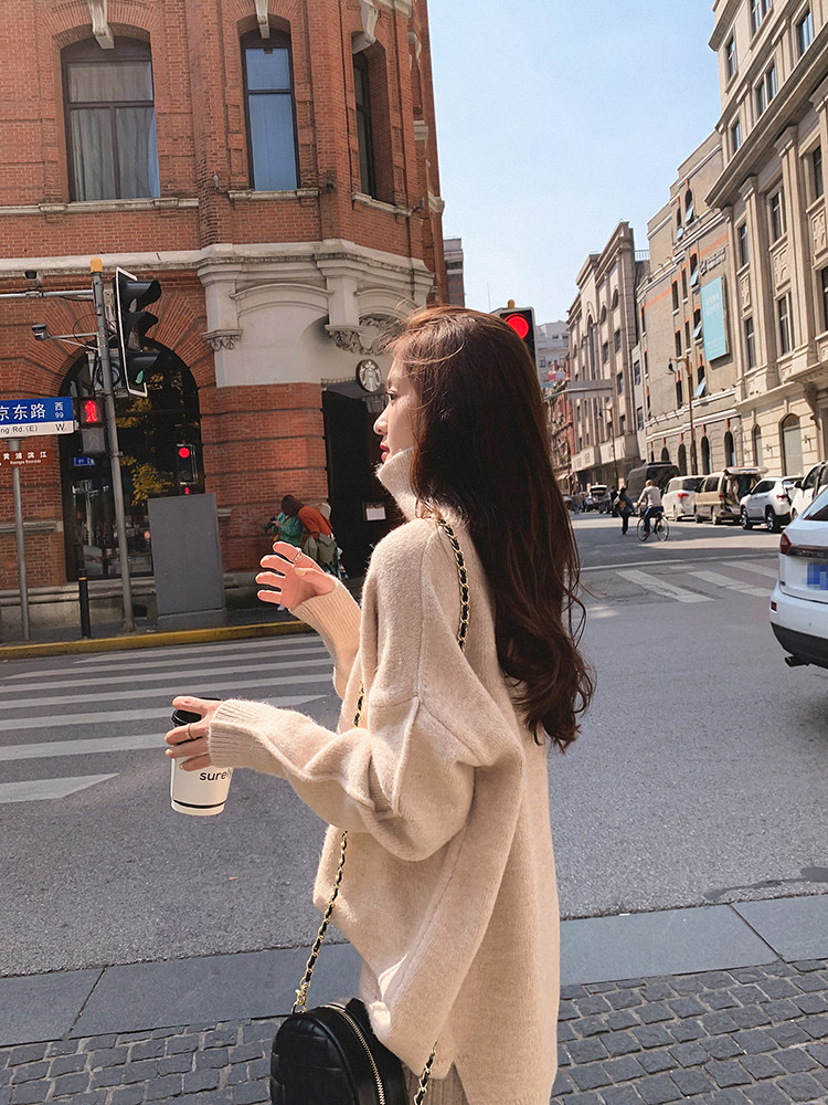 Medium-long version of sweater women 2022 new small sub-autumn winter loose with lazy wind and high collar and headsweaters