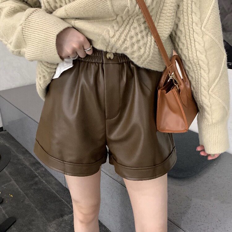 European station high waist pu skin shorts girl 2022 new spring and autumn winter small casual broad leg boots pants large size