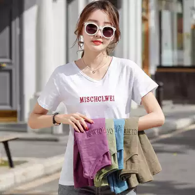 European station white T-shirt women's short sleeve summer thin 2021 New loose Korean version of V-neck printed half-sleeve shirt