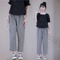Girls nine-point pants summer 2024 new medium and large childrens thin pure cotton harem pants childrens plaid pants casual pants
