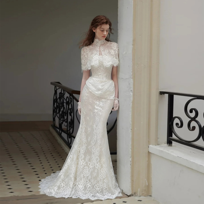 French Retro Light Wedding Dress, High-End Lace Shawl, Bridal Departure Dress, Fishtail Evening Dress, Travel Photography, Engagement White Dress French Retro Light Wedding Dress, High-End Lace Shawl, Bridal Departure Dress, Fishtail Evening Dress, Travel Photography, Engagement White Dress