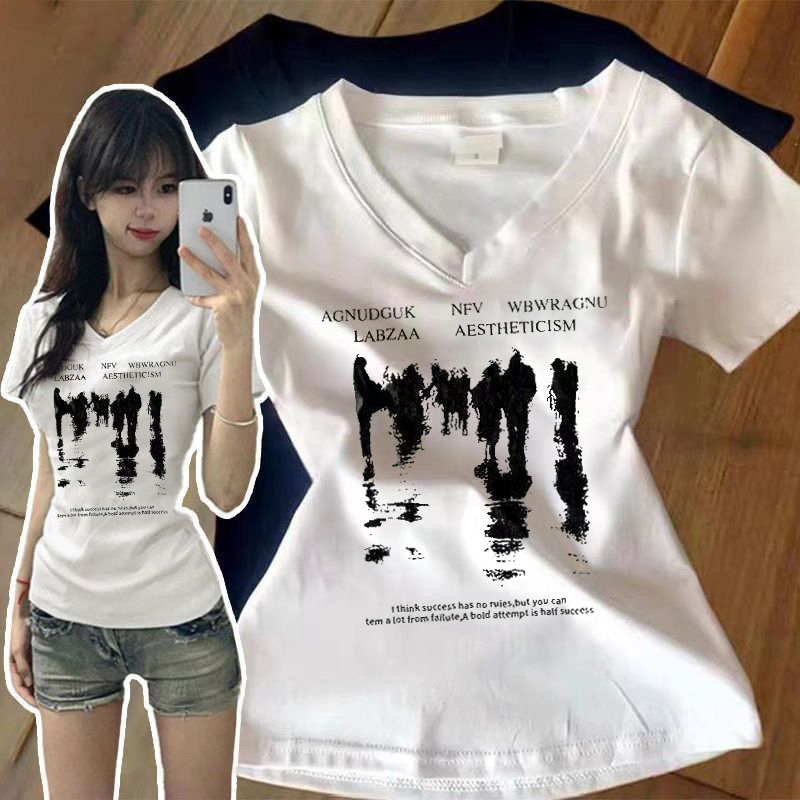 American-Style Trendy Brand V-Neck Women's Summer Design Slim-Fit Simple Versatile Cartoon Print Casual Short-Sleeve Top Trendy American-Style Trendy Brand V-Neck Women's Summer Design Slim-Fit Simple Versatile Cartoon Print Casual Short-Sleeve Top Trendy