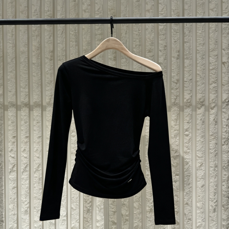 Authentic 2026 Spring New Product Tencel Merino Wool Asymmetrical Shoulder Boat Neck Slimming Waist Light Mature Style Top Mbf1Topt12