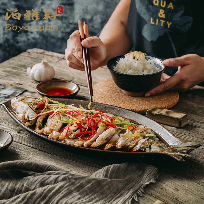 Poja Xuan Day Style Home Fish Dishes Retro Big ceramic Steamed Fish Dish Trays Disc CREATIVE NEMESIS RED CUTLERY