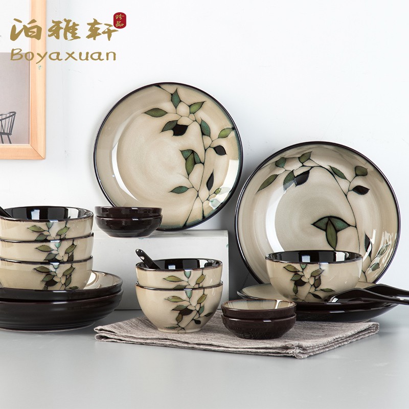 Poya Xuan Bowl suit Home Chinese Glaze Lower Color ceramic tableware Light and luxurious Japanese style retro bowls tray Courtesy Gifts