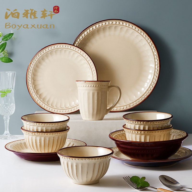 Poixuan American retro bowl Dish Suit Home Nordic Style Light Lavish Cutlery High-end Bowl tray Joe relocating gifts
