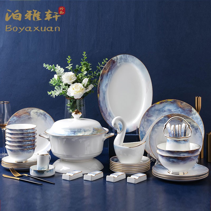 Poixuan bowl and dish suit Home European style upscale bone porcelain tableware Jingdezhen Bowls Tray light extravagant and luxurious to be delivered
