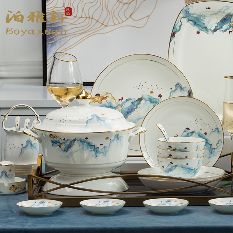 Poya Xuan Bowl suit Home Jingdezhen Modern Chinese light luxury High-end Bone China Porcelain Cutlery Bowl tray chopstick combination