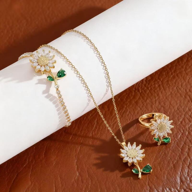 Cross-Border Light Luxury Sunflower Rotating Titanium Steel Necklace for Women, Niche Bracelet and Ring Set, Clavicle Chain