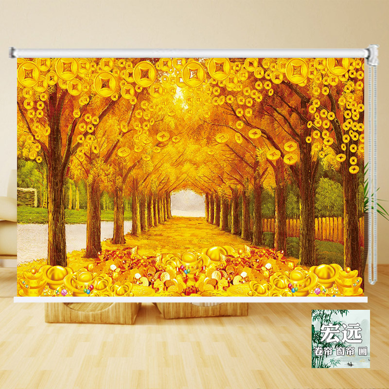 Golden-Filled Money Tree Roller Blinds for Living Room, Office, Balcony, Light-Transmitting, Roller-Pull Adjustable Curtains Without Punching Golden-Filled Money Tree Roller Blinds for Living Room, Office, Balcony, Light-Transmitting, Roller-Pull Adjustable Curtains Without Punching